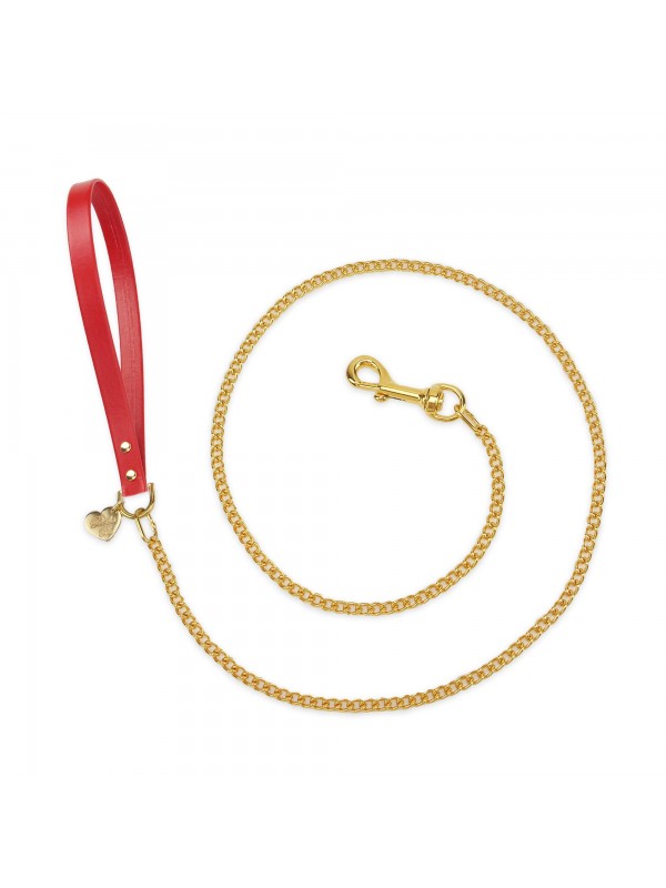 CHAIN LEASH RED ECOLEATHER/GOLD