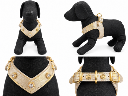 Pettorina in pelle in concia vegetale oro con strass e dettagli bianchi
