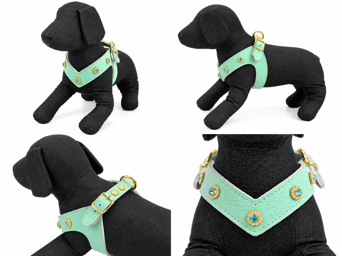 Pettorina in pelle in concia vegetale tiffany con strass e dettagli azzurri
