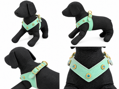 Pettorina in pelle in concia vegetale tiffany con strass e dettagli azzurri