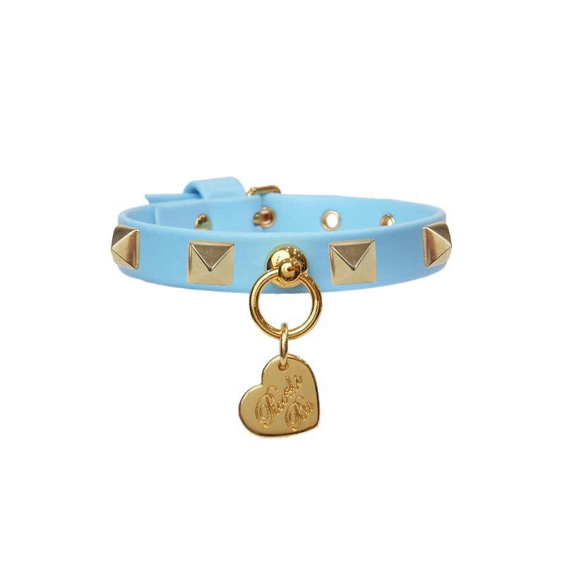 PYRAMID STUD COLLAR SKY ECOLEATHER/GOLD
